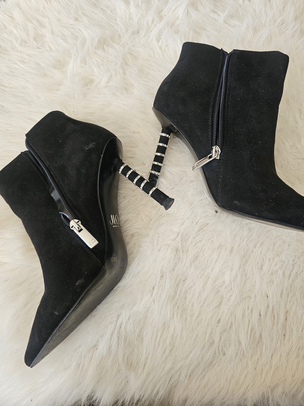 Jennifer Lopez Black Suede Pointed Ankle Booties with Striped Embellished Heel